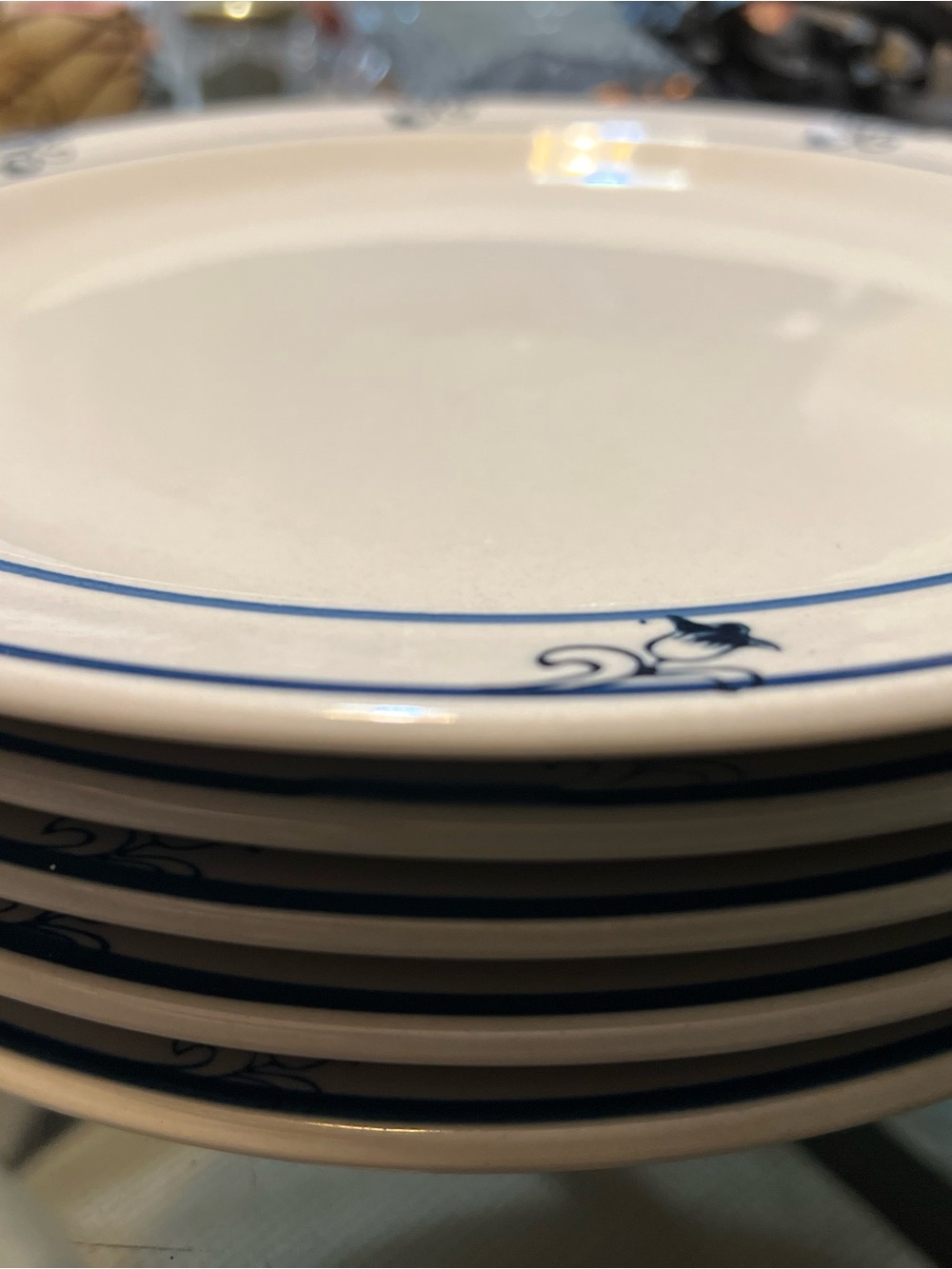 Classic White Ceramic Dinner Plates with Blue Scroll Rim